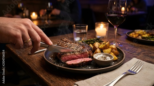 Enjoying a gourmet dinner, a hand meticulously slices into a perfectly grilled, medium-rare steak served with roasted potatoes and fresh asparagus, enhancing the fine dining experience
