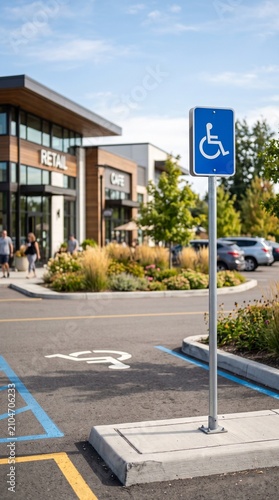 Accessible Parking Space Sign and Symbol in Front of Retail and Cafe Buildings on a Sunny Day