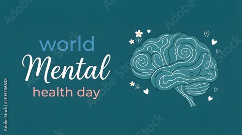 World mental health day illustration with brain and floral elements