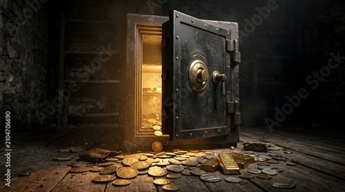 Vintage Iron Vault Open With Glowing Golden Treasure and Scattered Wealth Inside a Dark Underground Room