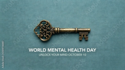 World mental health day concept antique key on textured teal background