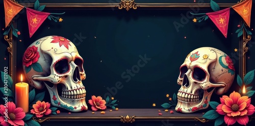 Elegant black frame, illustrated skulls, flickering candles, vibrant flags, Day of the Dead lettering , decoration, mexico, poster