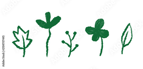 Green crayon drawn leaves and flowers vector set, cute hand drawn oil pastel plants isolated on white background, doodle textured botanical elements for spring and eco design, EPS10