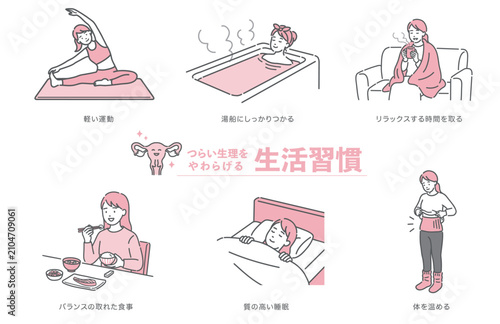 生理痛を緩和する生活習慣のイラストセット