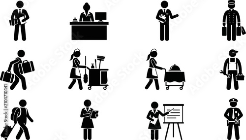 Quadro su tela Set of hotel staff and guest service icons including housekeeping and reception