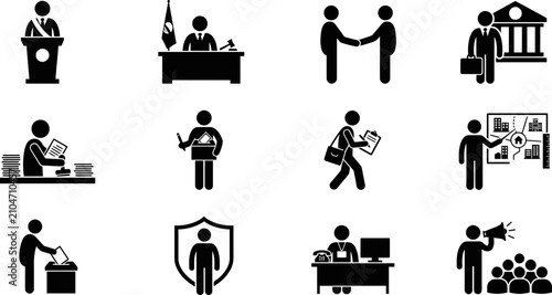 Foto Set of government and business management icons depicting professional authority and public service