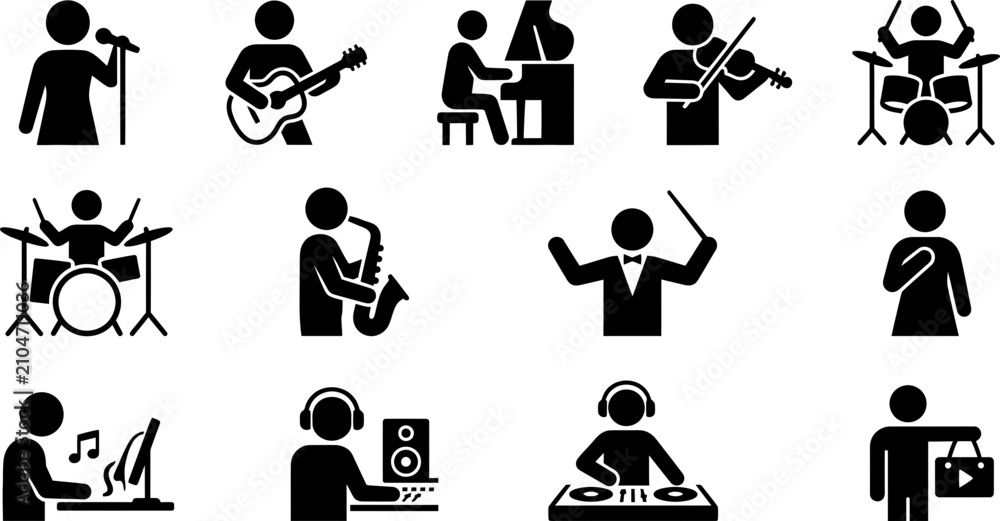 Obraz premium Set of black icons representing various musical performers and musical instruments.