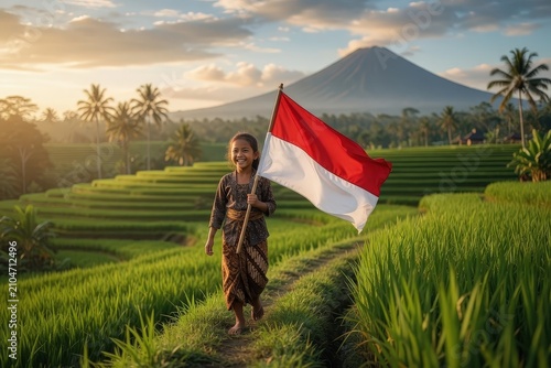 Little Girl in Traditional Kebaya Running Joyfully Waving the Red and White Flag on a Rice Field Hillside