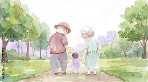 A heartwarming watercolor painting showing grandparents holding hands with their young grandchild while walking along a scenic path in a lush green park.