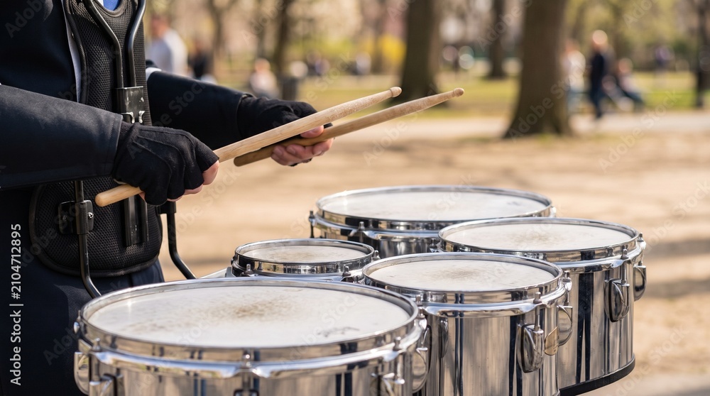 Obraz premium Close-up of a marching band member playing multi-tenor drums with wooden drumsticks outdoors in a sunny public park
