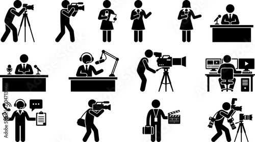 Tableau sur toile Set of stick figure icons depicting media broadcasting and news production professionals