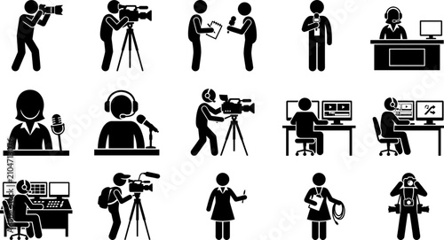 Obraz na płótnie Set of black and white broadcasting and media production icons.
