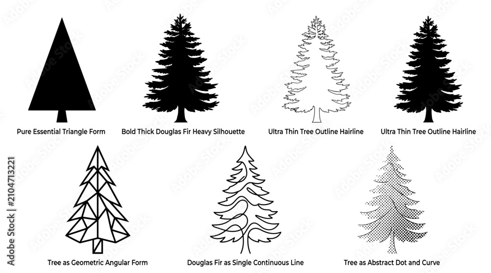 Fototapeta premium Set of seven diverse evergreen coniferous tree icons and graphic illustrations.