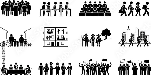 Set of stick figure icons representing various social groups and activities.