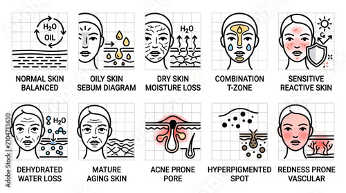Set of ten skin condition and type icons infographic.