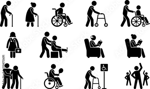 Set of elderly care and accessibility icons for medical and nursing home use.
