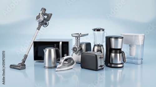 Collection of household kitchen appliances, including a blender, coffee maker, toaster, kettle, iron, and vacuum cleaner, on a blue background