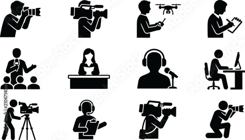 Photos Set of black media and broadcast profession icons representing journalists and crew