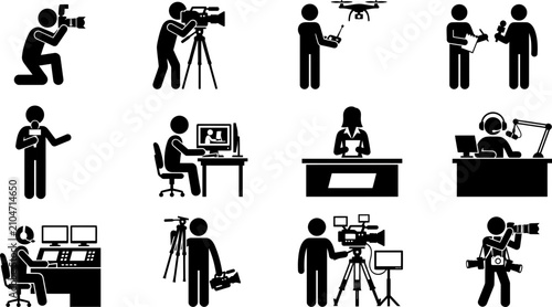 Photos Set of broadcast media and video production icons showing professionals at work