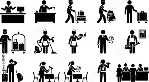 Картината върху платно Set of hotel staff and service icons showing various hospitality tasks