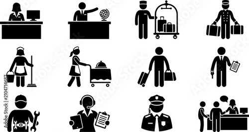 Foto Set of hotel staff and hospitality service professional icons.
