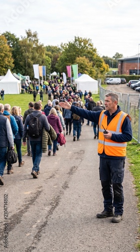 Event staff member in high visibility vest directing crowd at outdoor festival with tents and flags
