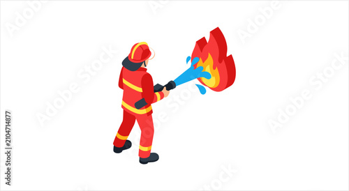 Photos Firefighter in uniform spraying water on a fire.