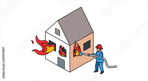 Bild auf Leinwand Firefighter bravely battles raging house fire with hose.