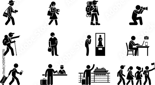 Foto Set of travel and tourism icons featuring stick figure people engaged in various vacation activities