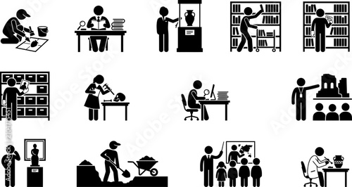 Konstfotografi Set of stick figure icons representing archaeologists and museum staff