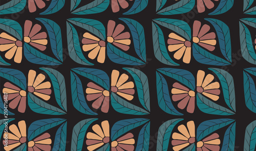 Seamless pattern of flowers and foliage on a black background.