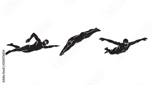 Fotografie Male swimmer silhouettes set with diving action freestyle stroke and butterfly i