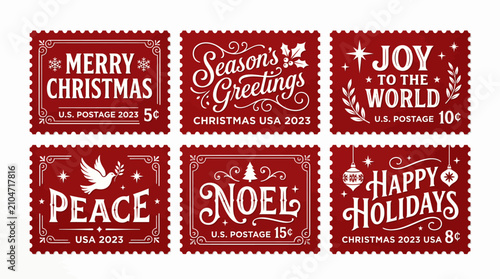 Set of vintage Christmas postage stamps with holiday greetings and festive typography.