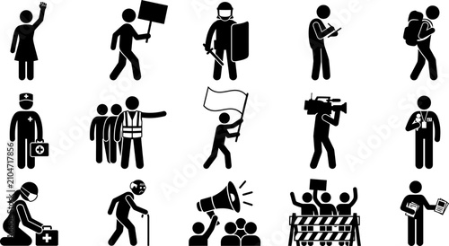 Schilderij op canvas Set of stick figure icons representing protest and civil unrest scenarios