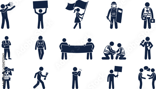 Canvastavla Collection of flat vector icons depicting various protest and civil unrest activities