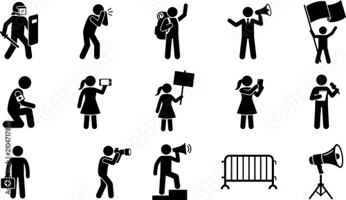 Εκτύπωση καμβά Set of black and white protest and demonstration related icons.