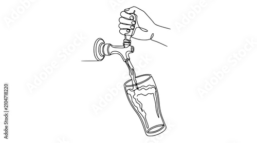 Vászonkép Hand Pouring Beer From Tap Into Glass, Minimalist Line Art Drawing