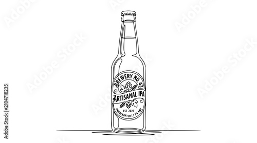 Foto Hand-drawn line art illustration of an artisanal IPA beer bottle on a white background