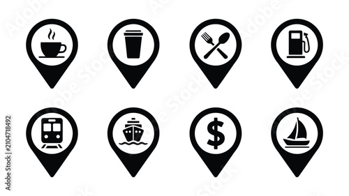 Cuadro en lienzo Black map pointer icon collection featuring coffee restaurant gas station train