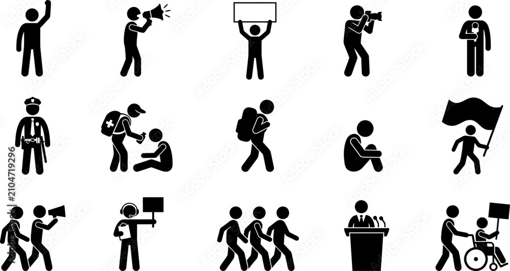 Obraz premium Set of black silhouette stick figure icons depicting various social and public activities.