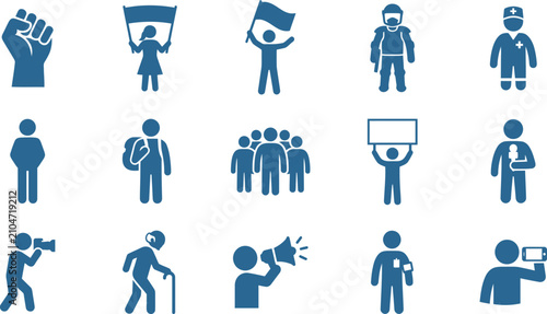 Set of blue protest and social movement icons.