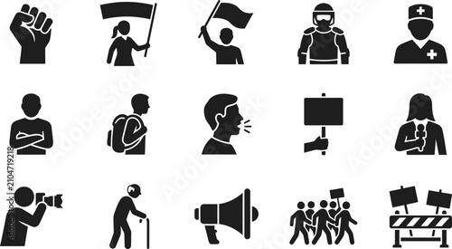 Foto Set of black and white protest and social demonstration icons.