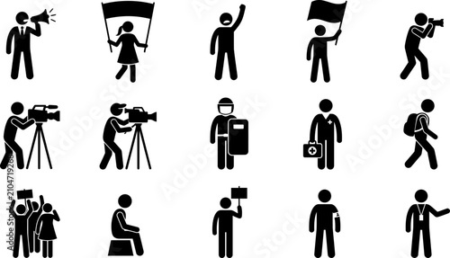 Obraz na płótnie Set of stick figure icons representing protest and media coverage