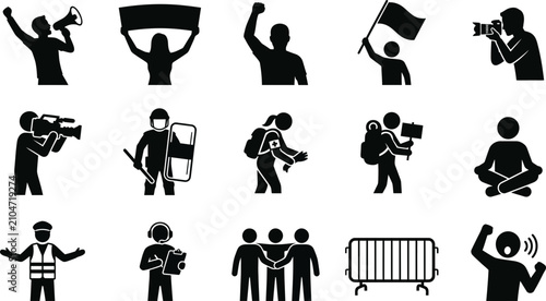 Set of protest and demonstration icon symbols in black silhouette style.