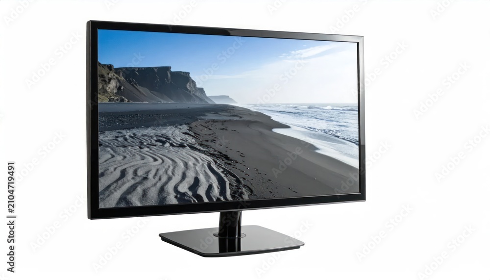 Fototapeta premium A glossy, rectangular screen displaying a beach scene with black sand and a clear sky, standing on a white background