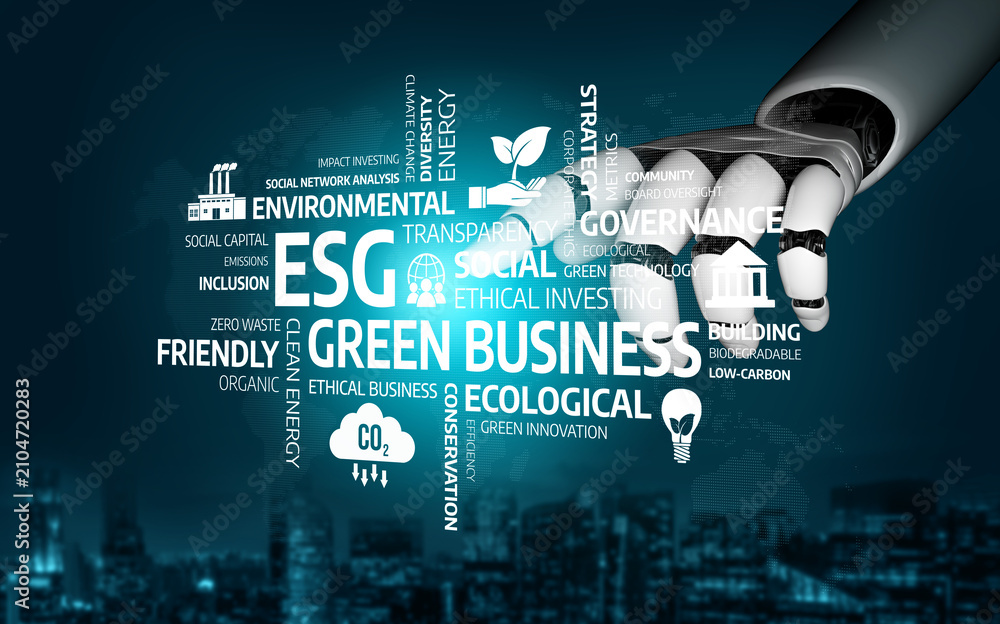 Obraz premium A digital concept illustrating the integration of environmental, social, and governance principles in business practices, showcasing innovation and sustainability for future growth. Tessel