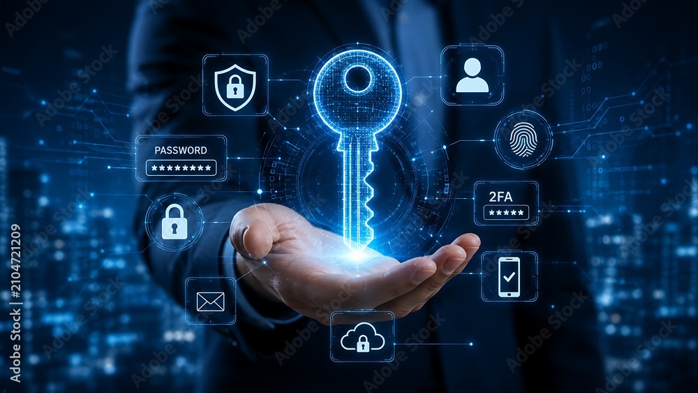 Fototapeta premium Cyber security network and data protection with digital key icon