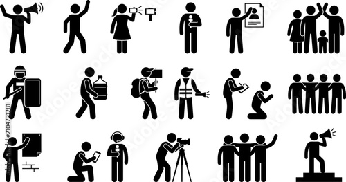 Set of stick figure icons depicting people in various social and protest situations.