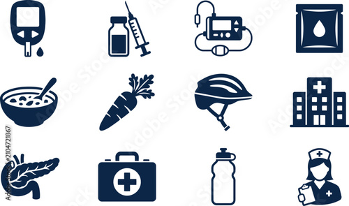 Photos Set of medical and diabetes related healthcare icons.