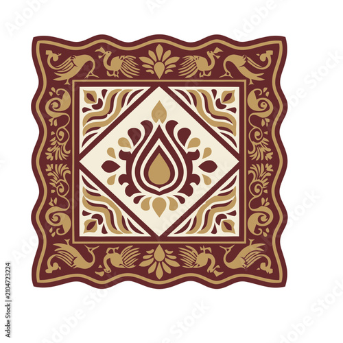 Decorative Square Motif with Birds and Floral Elements